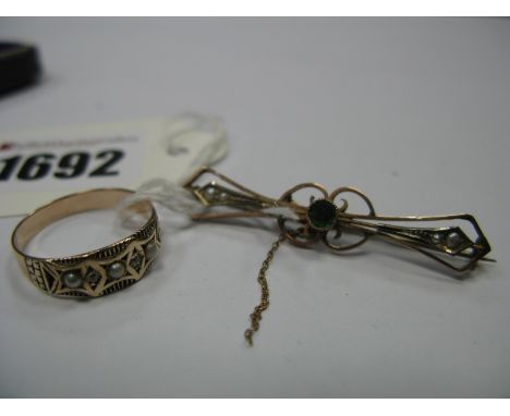 A Vintage Bar Brooch, with collet set highlights, seed pearl detail, of openwork design, stamped "9ct"; together with similar