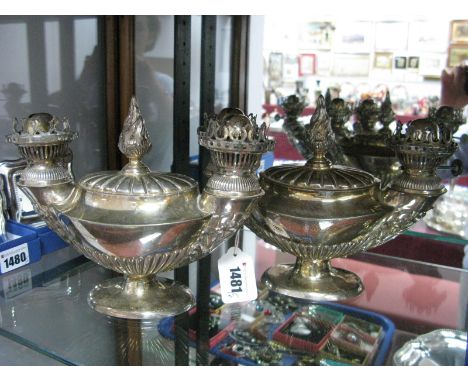 A Pair of Hinks &amp; Son (Birmingham) Plated Twin Light Oil Lamps, (each lacking wick, chimney and shade), of semi reeded fo