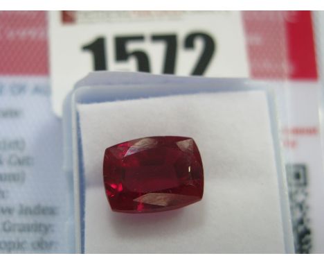 A Cushion Cut Ruby, unmounted; together with a Global Gems Lab Certificate card stating carat weight 10.00 (Treatments: Heati