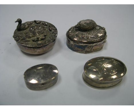 Silver Scenes Trinket Pots, two oval pill boxes, stamped "925". (4)