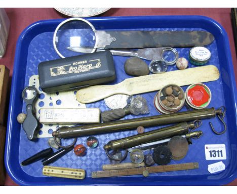 Letter Opener, magnifying glass, XIX Century bone letter opener, brass scales etc:- One Tray