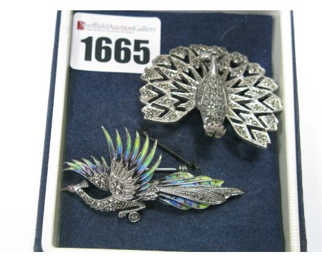 A Marcasite Set Peacock Brooch, of openwork design, together with another marcasite set brooch, with enamel highlights. (2)