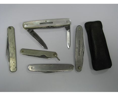 A Humphreys Two Blade Folding Pocket Folding Knife, with scissors and mother or pearl scales, four further pocket knives. (5)