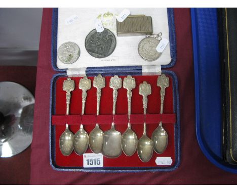 A Set of 1977 Royal Commemorative Spoons, cased; 1921 USA One Dollar (as a pendant), Sunday School "Never Absent Neve Late" m