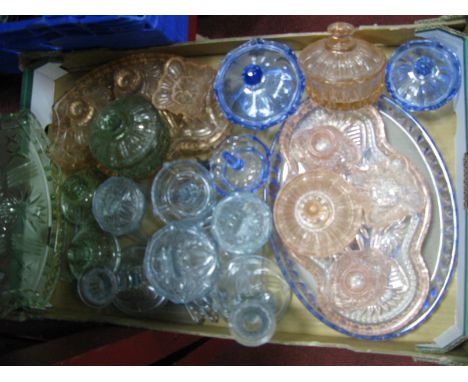 A 1930's Pressed Class Trinket Sets, in blue, green, pink:- One Box