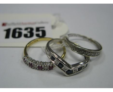 An 18ct Gold Half Eternity Style Ring, alternately claw set, a similar 9ct white gold wishbone style ring (stone missing), a 