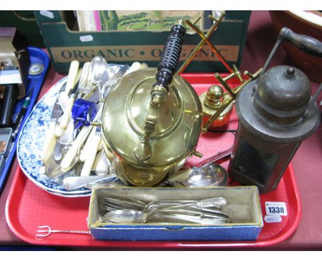 An Early XX Century Brass Spirit Kettle, on stand, blue - white plates, cutlery, XIX Century copper lantern.