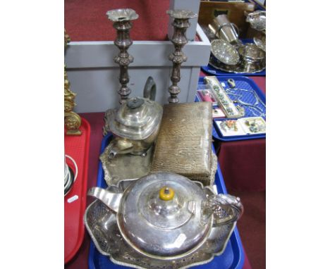 A Pair of Decorative Plated Candlesticks, each with removable nozzle, 33cm high, plated tea pots, a hallmarked silver gilt an