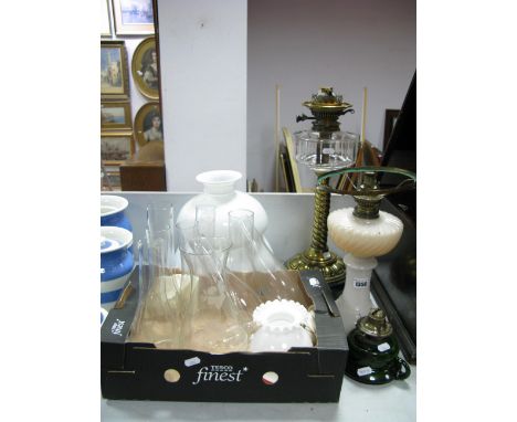 XIX Brass Oil Lamp, together with one other oil lamp, hand held oil lamp, light shades, box of glass funnels.