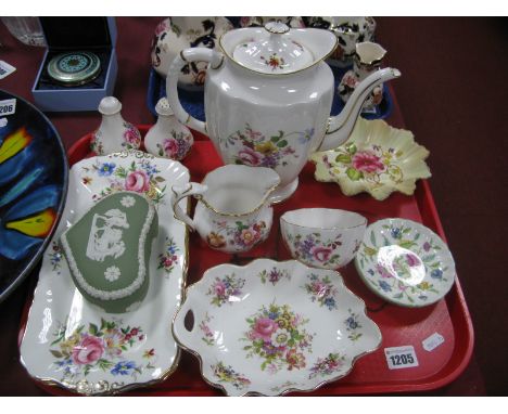 A Royal Crown Derby "Posies" Coffee Pot Sugar and Cream. Paragon sandwich plates, Wedgwood trinket box, other ceramics:- One 