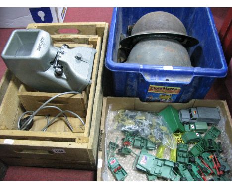 Three 'Vino' Wooden Crates, Moviscop projector, (untested: sold for parts only) plastic soldiers, vehicles, two Tommy helmets