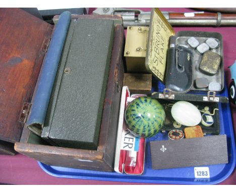 Mdina Paperweight, advertising tins, cased Parker pens, balance scales, pine box, etc:- One Tray