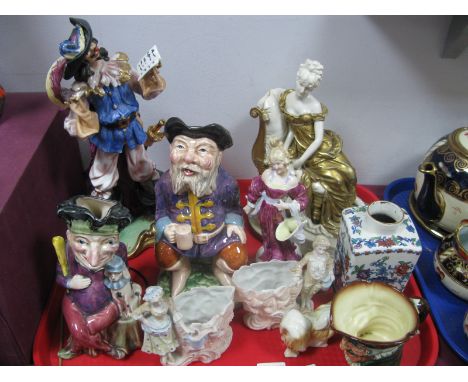 Japanese Figurines Cyrano De Bergerac (damaged), Melba Toby jugs, bisque posies, Doulton Dick Turpin jug, etc- One Tray. 