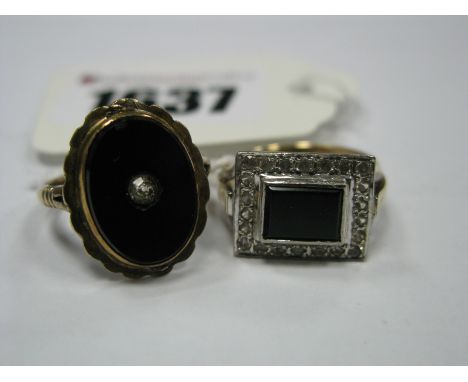 A Modern Dress Ring, with rectangular hardstone panel and inset border, between trifurcated shoulders, stamped "14K"; togethe