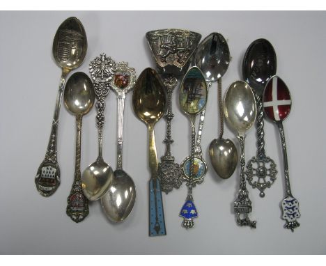 A Collection of Assorted Souvenir Teaspoons, including Swedish enamel example, depicting three masted ship, "Danmark" enamel 