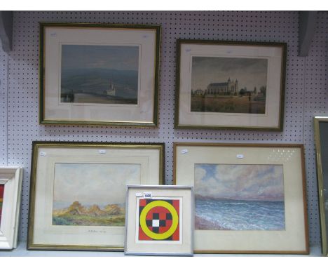 Coastal Scene Near Whitby, watercolour, signed W1101?, Pastel picture of a Church in Provence, etc. print of a chapel etc. (5