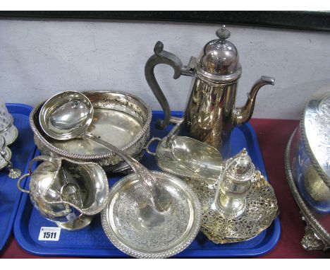 A Hallmarked Silver Sugar Shaker, 13.2cm high; together with plated sugar scuttles, a coffee pot, openwork dishes, ladle, etc