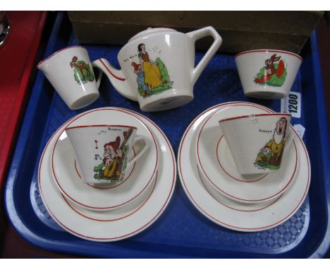 Walt Disney Wadeheath Child's Tea Service, - Tea pot, cream jug, sugar bowl, cups, saucers, side plates. Marked "Wade Heath b