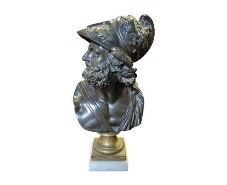 A bronze bust of Ajax, after the antique,  on brass socle and white marble base, 29.5cm high