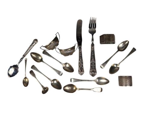 A pair of silver salts; two silver napkin rings; a set of six Georgian silver tea spoons; and other flatware; 201 g gross wei