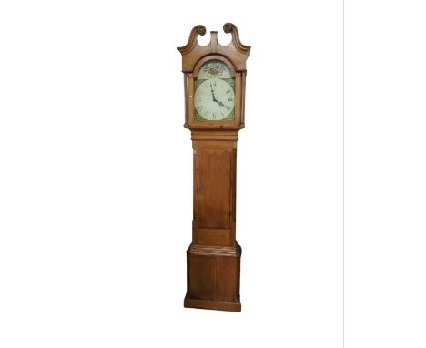 A George III 30 hour longcase clock having arched painted dial the hood with swans neck pediment and in pine case, with pendu