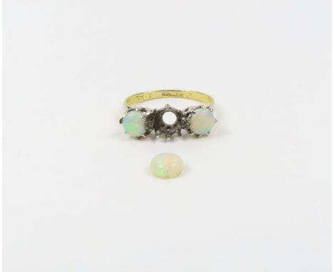 A three stone white opal ring, marked '18ct plat', finger size P, 3.2g  gross