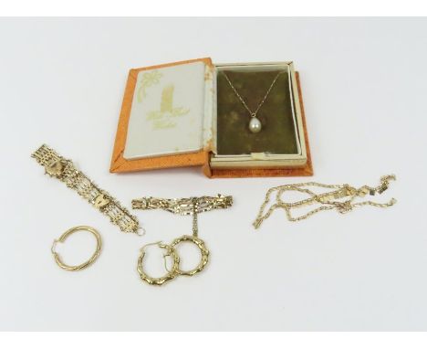 A 9ct gold gate bracelet, a 9ct gold necklace, a single 9ct gold hoop earring, a pair of hoop earrings, marked '375', a chain