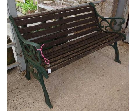 Cast metal framed bench and slats, 128cm wide, 76cm high, 56cm deep