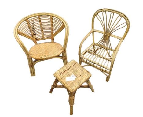 A vintage wicker/bamboo Childs chair, along with two others 