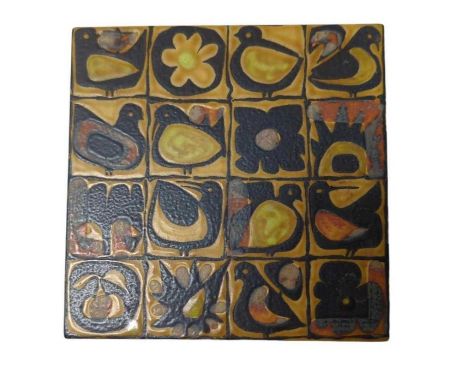 A Royal Copenhagen tile decorated with stylised birds, marks to back, 15cm square