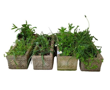 4 reconstituted stone trough planters, 62cm long, 21cm wide, 17.5cm high