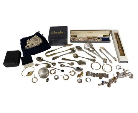 A small collection of silver jewellery; some costume jewellery including simulated pearls; and plated flatware