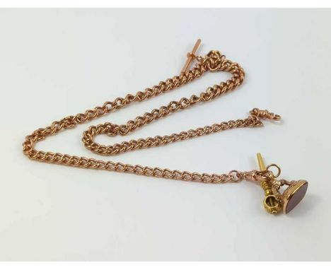 A graduated link double watch Albert chain, with T-bar and two swivel clasps, 51cm long, some links marked '375' within a set