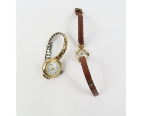 A 9ct gold wristwatch with decorative enamel dial, on later expanding bracelet; together with a 9ct gold wrist watch on leath