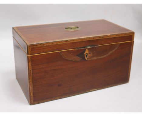 A late Georgian inlaid mahogany three division tea caddy width 13.5cm height 18cm