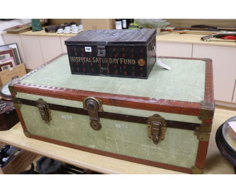 A canvas trunk and another box Trunk: W.91cm. x H.32cm. D.50cm