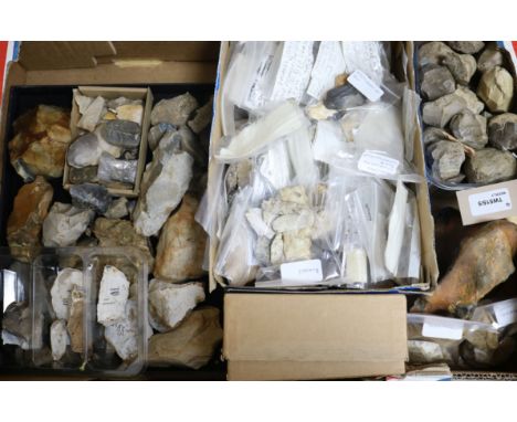 An Acheulean cleaver, Longham Pit and a large collection of prehistoric knapped flint tools, including blades, scrapers, etc.