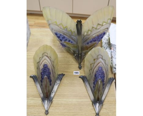 An Art Deco multi coloured glass hanging light and matching wall lights Wall lights: H.36cm.