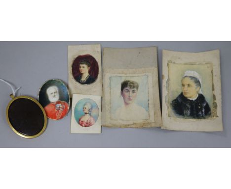 A group of five unframed miniature portraits, watercolour on ivory mounted on card (generally warped and requiring attention)