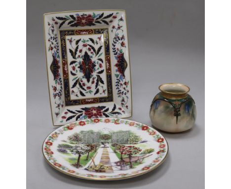 A Hadley's Worcester small vase, painted with iris, a Royal Worcester 'Prince Regent' dish and a garden design plate