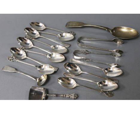 An early Victorian silver caddy spoon, assorted silver teaspoons and six plated teaspoons.