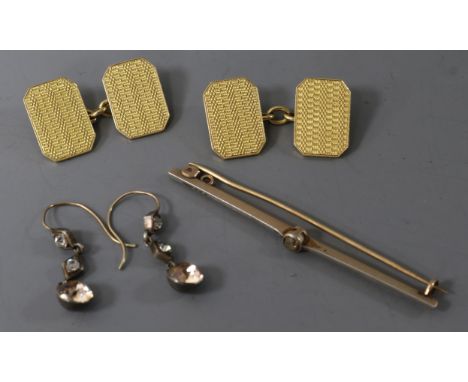 A pair of engine-turned 18ct gold cufflinks and two other items, including a yellow metal diamond-set bar brooch and a pair o
