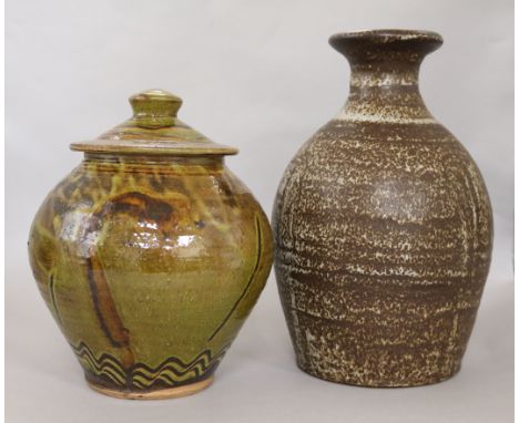 A Michael Leach Yelland Pottery vase and a Clive Bowen Studio Pottery jar and cover, the former of bulbous form with short ne