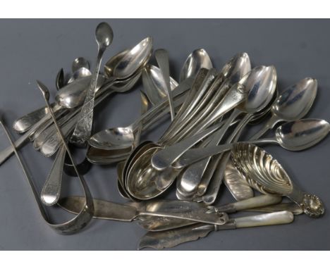 A set of six silver shell and thread pattern teaspoons and sundry flatware, including five other sets and part sets of teaspo
