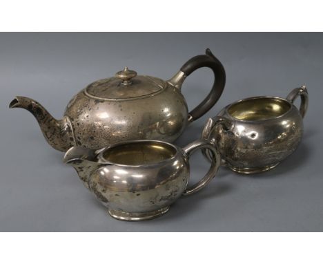 A Birks three-piece sterling silver tea service of compressed oval form, comprising teapot, milk jug and two-handled sugar bo