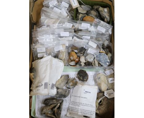 A stone fishing/loom weight and a large collection of prehistoric flint tools, Paleolithic, Mesolithic and Neolithic, includi