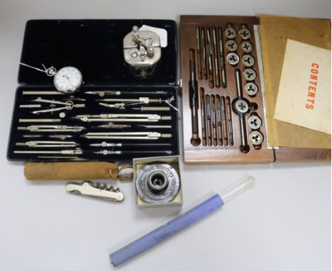 A Thornton draughtsman's set and miscellaneous items, including a Spiro Safety Blade Sharpener, original box, a two-draw pock