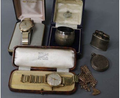 Two watches, a pocket watch, silver napkin ring and lighter, a gold coloured bracelet with a 9ct gold clasp