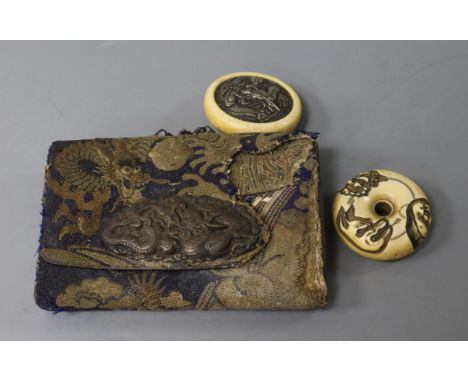 A Japanese Meiji leather tabako-ire or purse with ivory manju netsuke and another ivory manju netsuke the manju with multi-ch