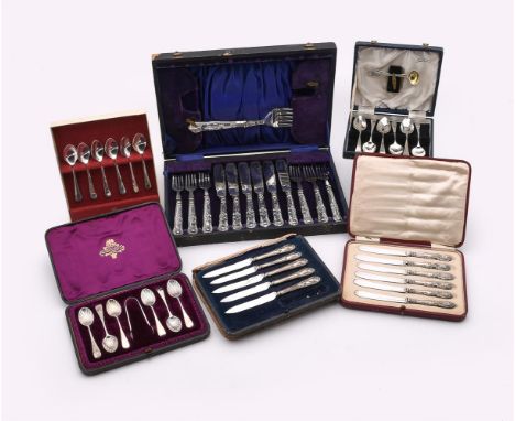 
	
		SIX CASED SETS OF SILVER FLATWARE
		To include: a set of six King's pattern fish knives and forks and by C. H. Beatson, 